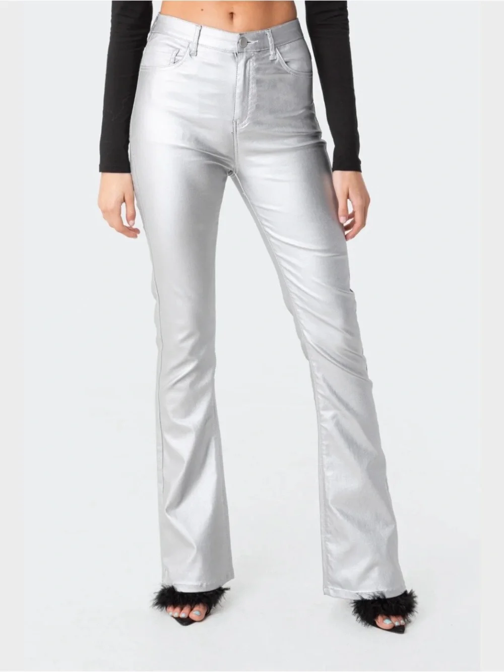 Edikted Luna Faux Leather Flare Jeans - Picture 2 of 5